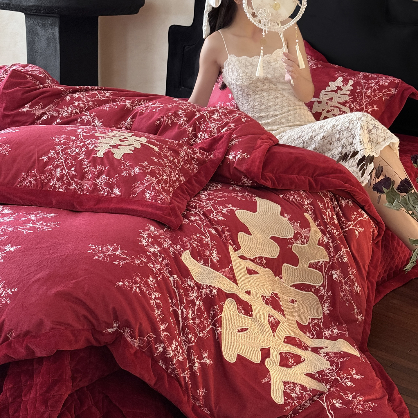 新中式宝宝绒婚庆四件套红色牛奶绒喜字被套冬季加厚结婚陪嫁床品