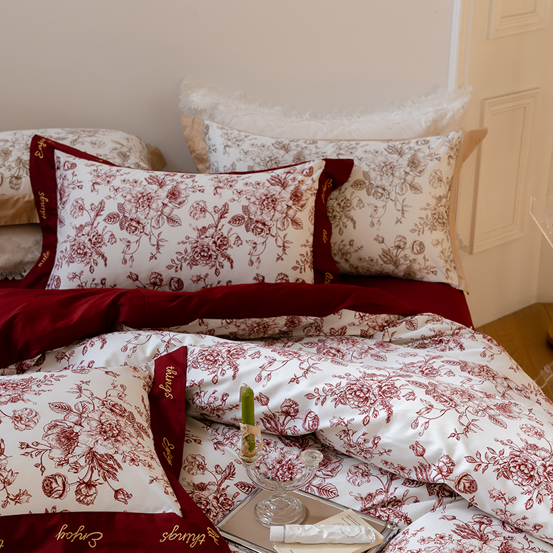 奢华高档100支长绒棉结婚纯棉四件套100全棉被套红色婚庆床上用品