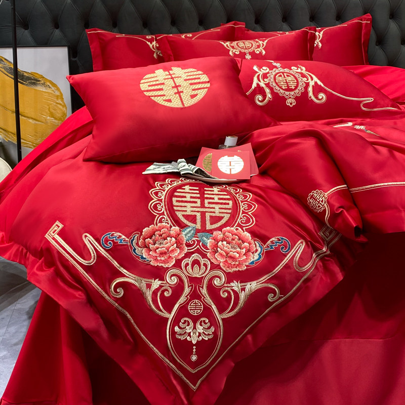 奢华中式大红色结婚四件套高档喜被纯棉全棉被套婚庆陪嫁床上用品_虎窝淘