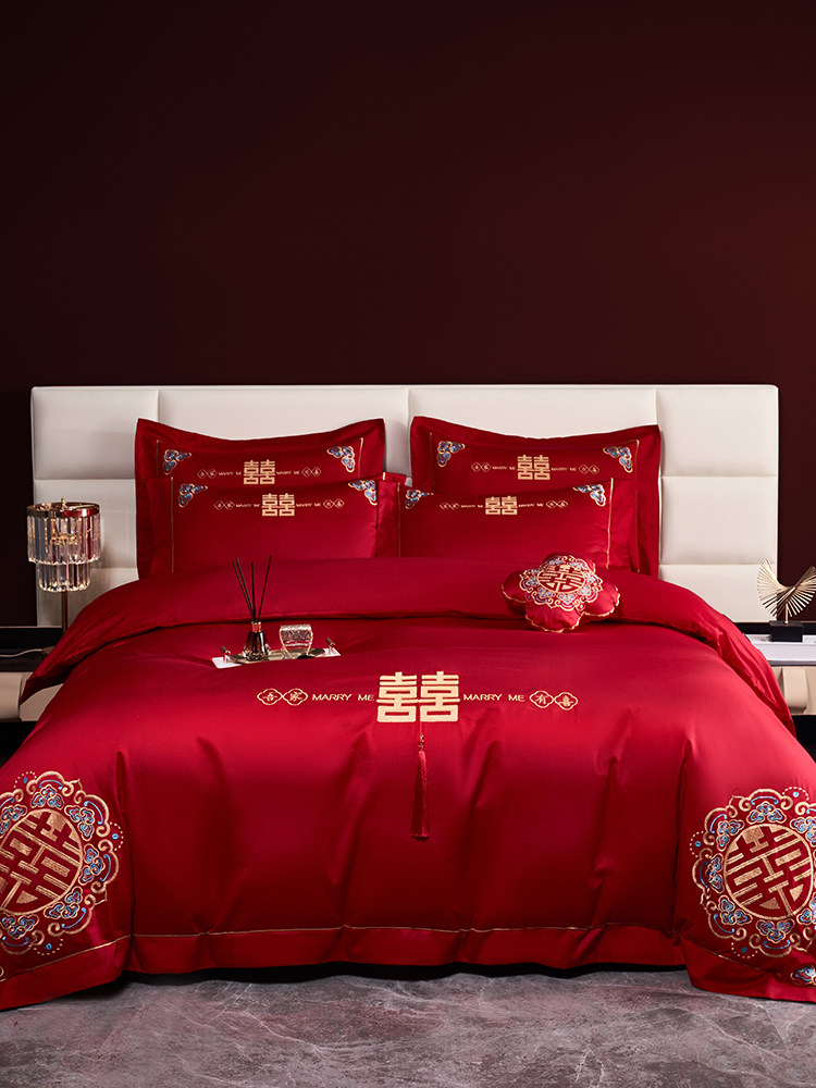 NEW CHINESE STYLE WEDDING FOUR-PIECE SET PURE COTTON BIG RED 100S LONG-STAPLE COTTON EMBROIDERY QUILT COVER WEDDING QUILT BEDDING
