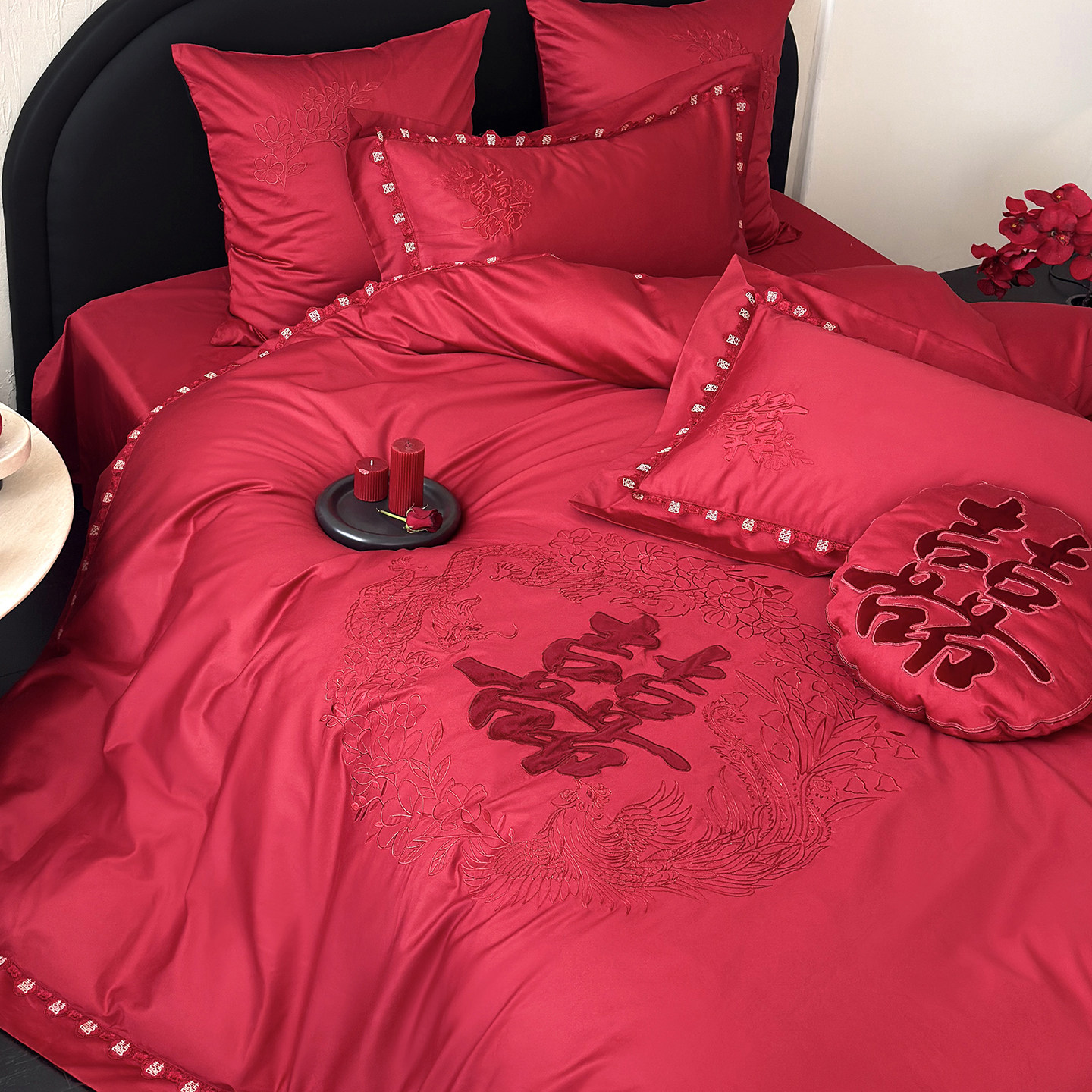坤花家纺中式龙凤喜字婚庆四件套100S长绒棉纯棉被套红色结婚床品