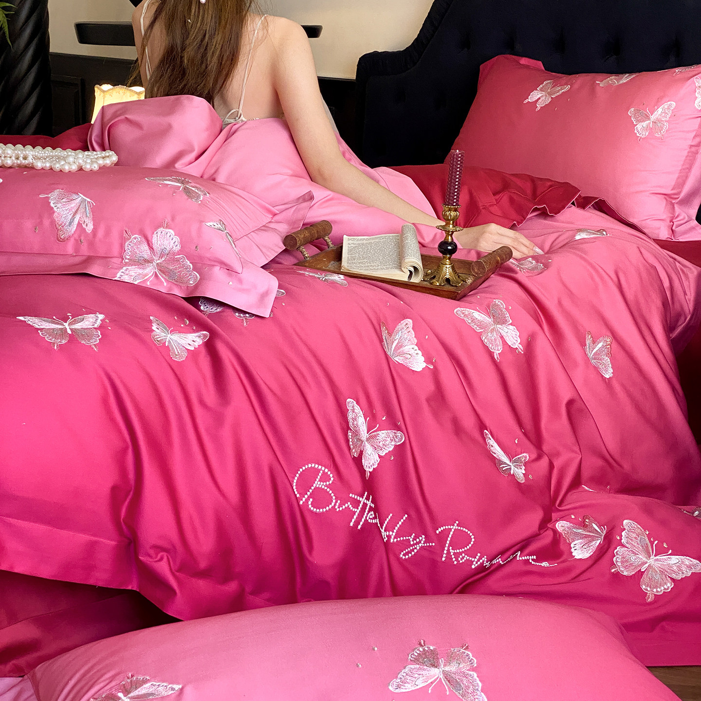 中式婚庆渐变色蝴蝶刺绣四件套