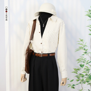 秋冬半高领深V设计感叠穿条纹假两件衬衫宽松通勤上衣女加厚