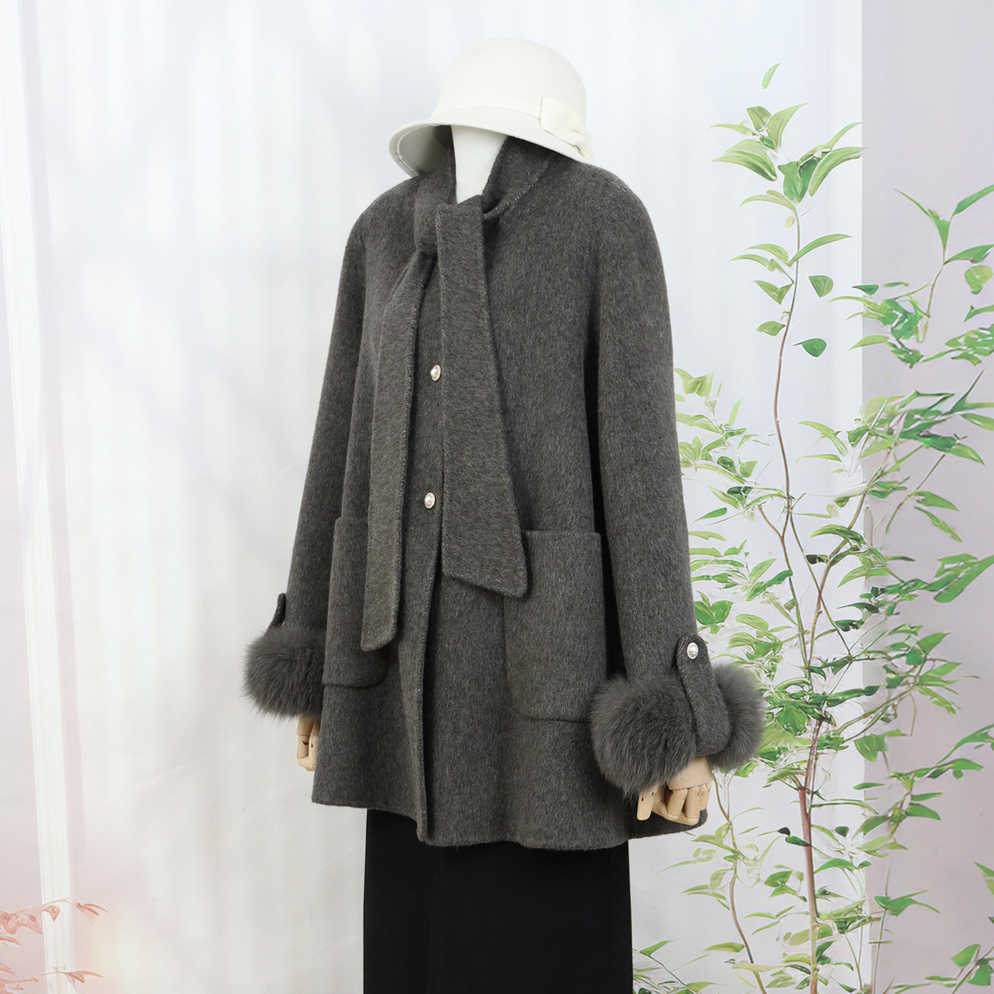 双面羊绒大衣2025秋冬高级感韩版羊毛呢外套袖口狐狸毛毛呢外套