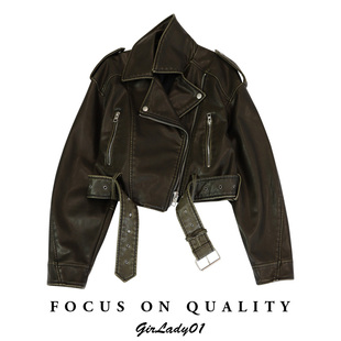 美式 时髦小众宽松翻领机车皮衣夹克短外套做旧短机车皮衣绑带上衣