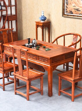 中式实木仿古家具/榫卯结构茶桌茶1.5米四斗电磁炉双板茶桌七件套