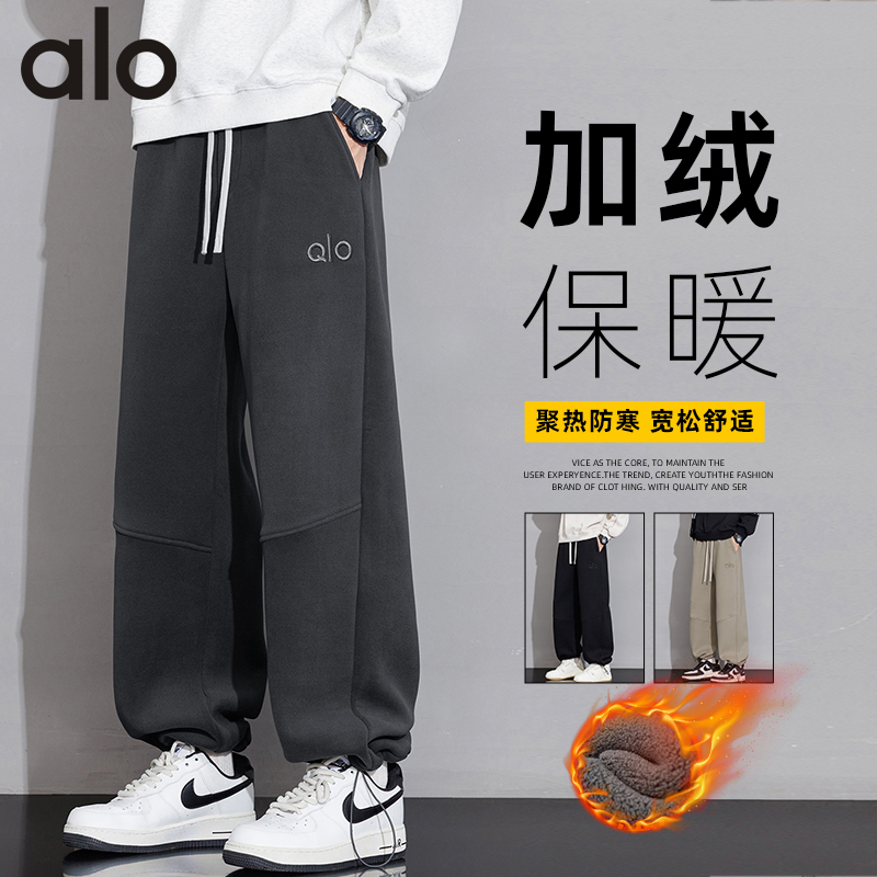 QLO美式潮牌男士新款摇粒绒加厚保暖裤子冬季宽松直筒休闲棉裤