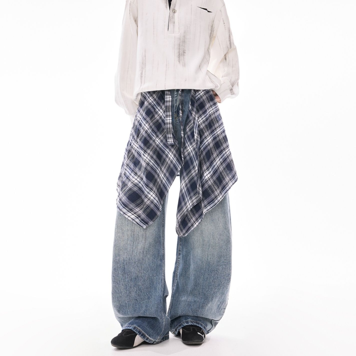 中性美式复古阔腿弯刀裤男女春新款设计感高腰直筒拖地屁帘牛仔裤