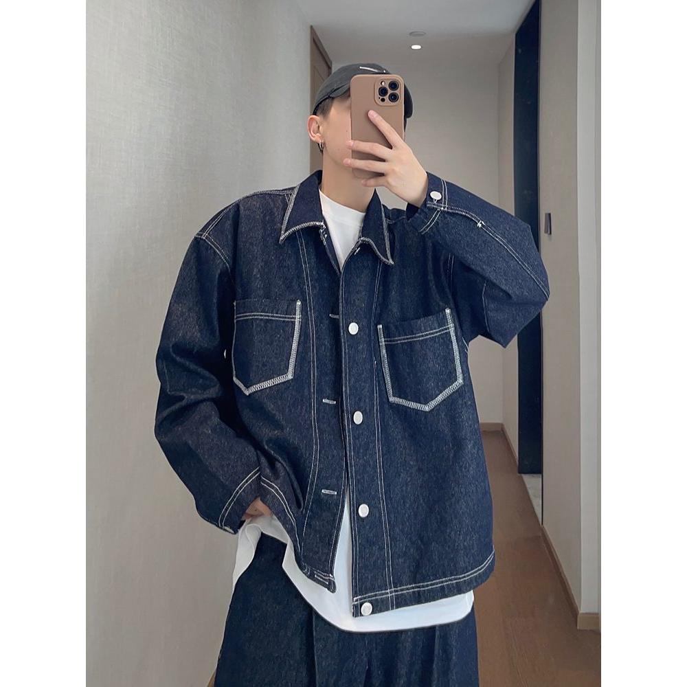 dannyandzee秋季重磅复古丹宁色宽松短款明线牛仔夹克外套男INS