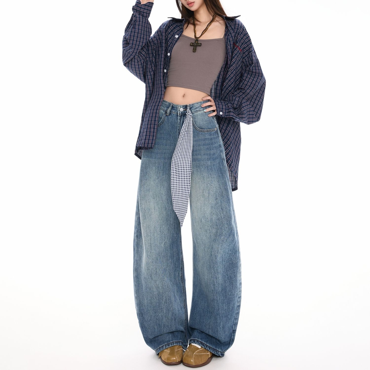 中性美式复古阔腿弯刀裤男女春新款设计感高腰直筒拖地百搭牛仔裤