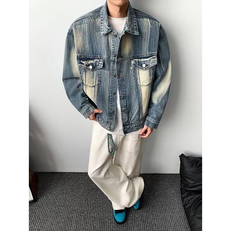 HeartBoon 做旧水洗牛仔翻领夹克男女水钻字母宽松休闲情侣外套潮