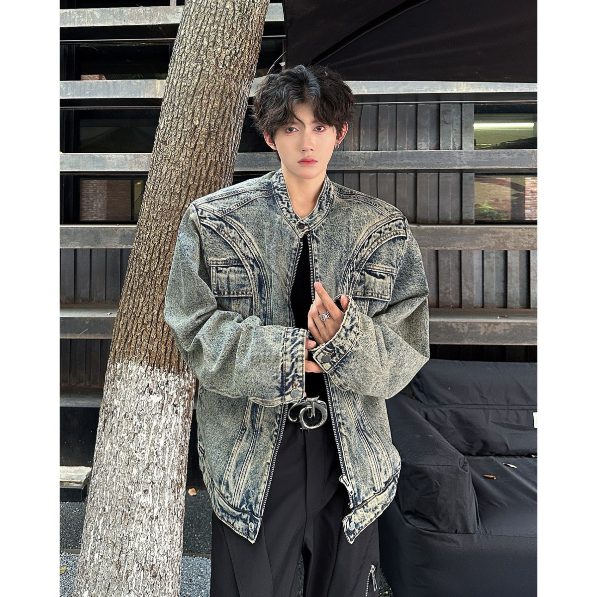 重工业解构拼接设计肩垫牛仔长袖夹克男女廓形拉炼立领美式夹克潮