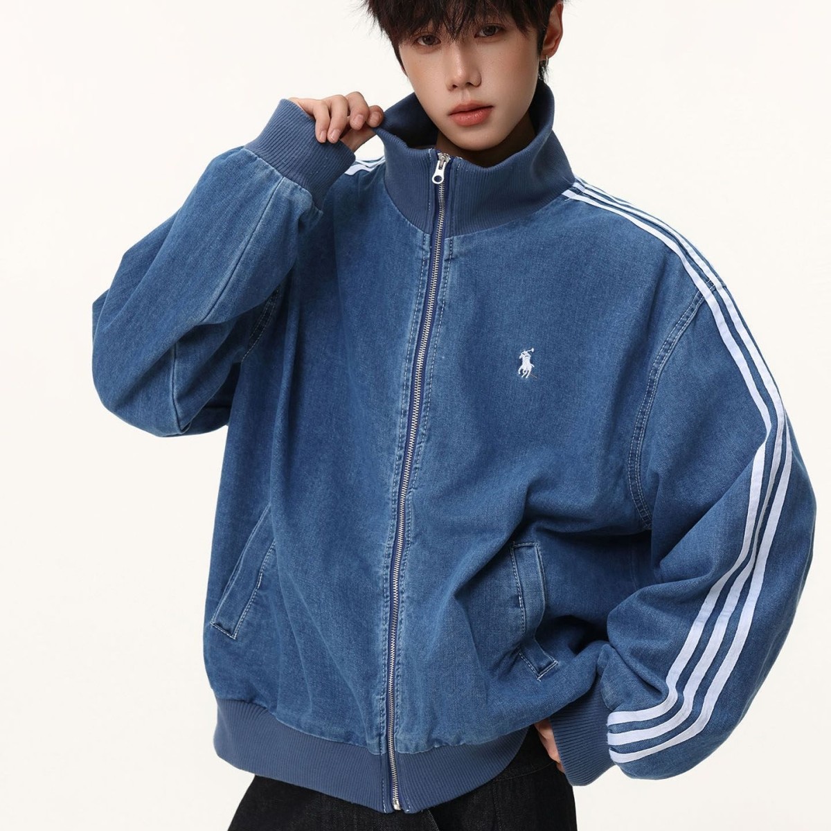 水洗蓝色三条杠短款牛仔外套男款春秋季美式复古条纹立领运动夹克,男装,牛仔外套,淘宝优惠券,粉丝福利购,淘宝优惠卷