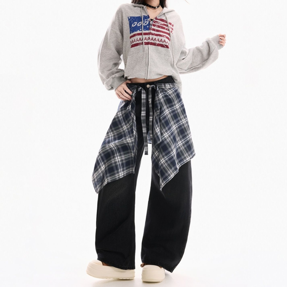 中性美式复古阔腿弯刀裤男女春新款设计感高腰直筒拖地屁帘牛仔裤