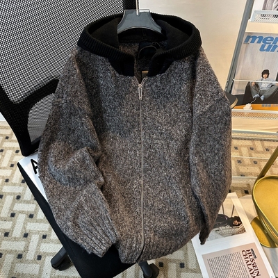 灰色马海毛连帽毛衣开衫男款秋冬高级感穿搭潮牌cleanfit针织外套