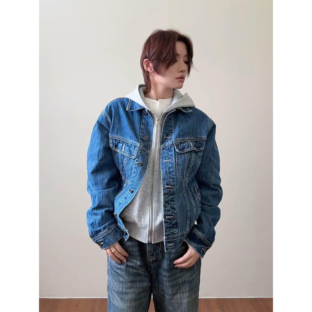 竹节纹水洗做旧高级感牛仔外套男女同款美式短宽翻领工装夹克上衣,男装,牛仔外套,淘宝优惠券,粉丝福利购,淘宝优惠卷