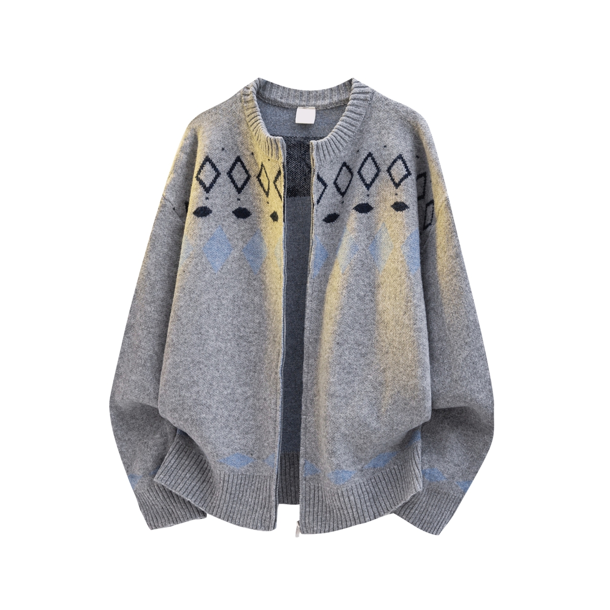 冬季新品古着费尔岛氛围感针织衫男生灰色无领开衫毛衣保暖外套男