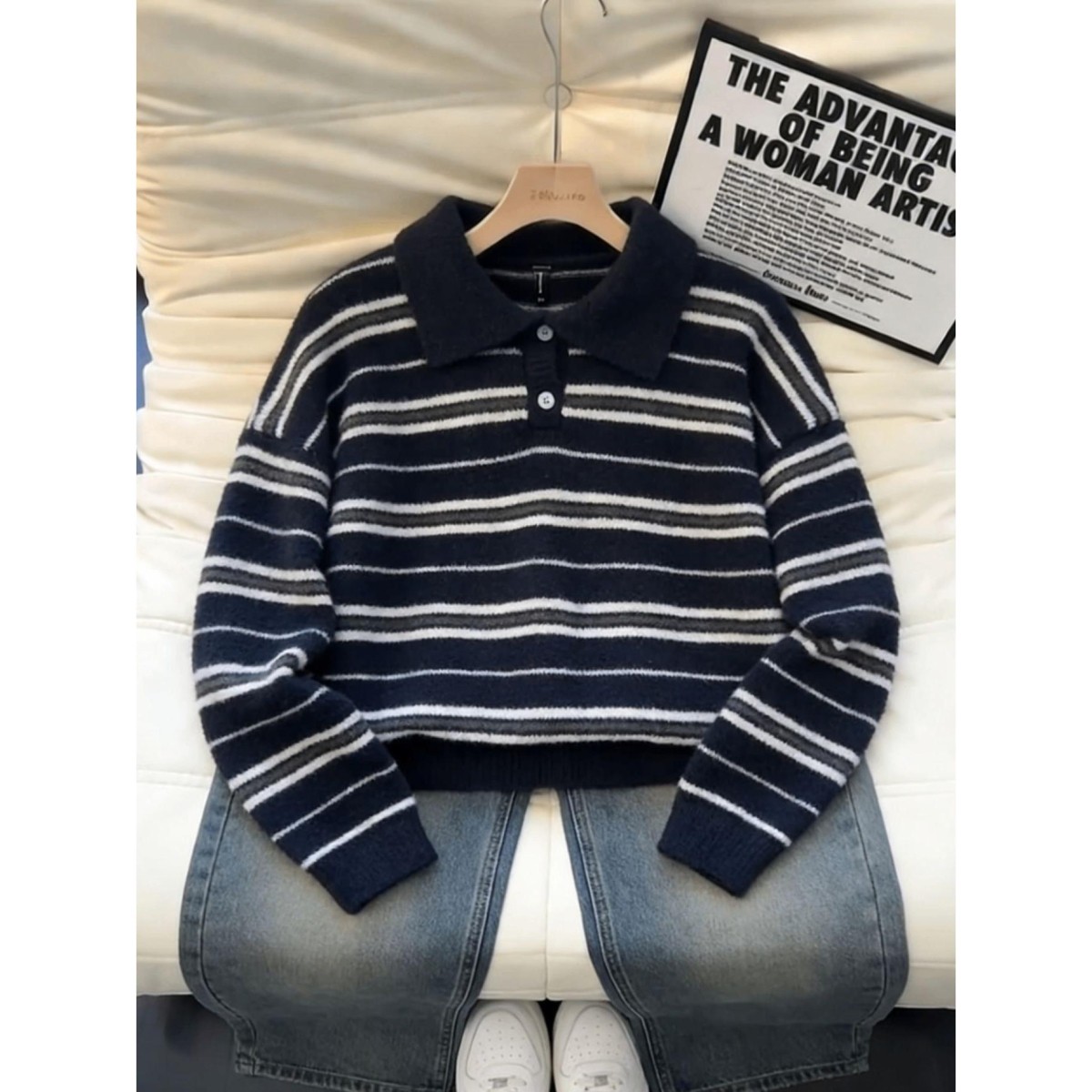 老钱风仿貂毛条纹polo领毛衣男女秋冬高级感痞帅慵懒风针织衫外套,男装,针织衫/毛衣,淘宝优惠券,粉丝福利购,淘宝优惠卷