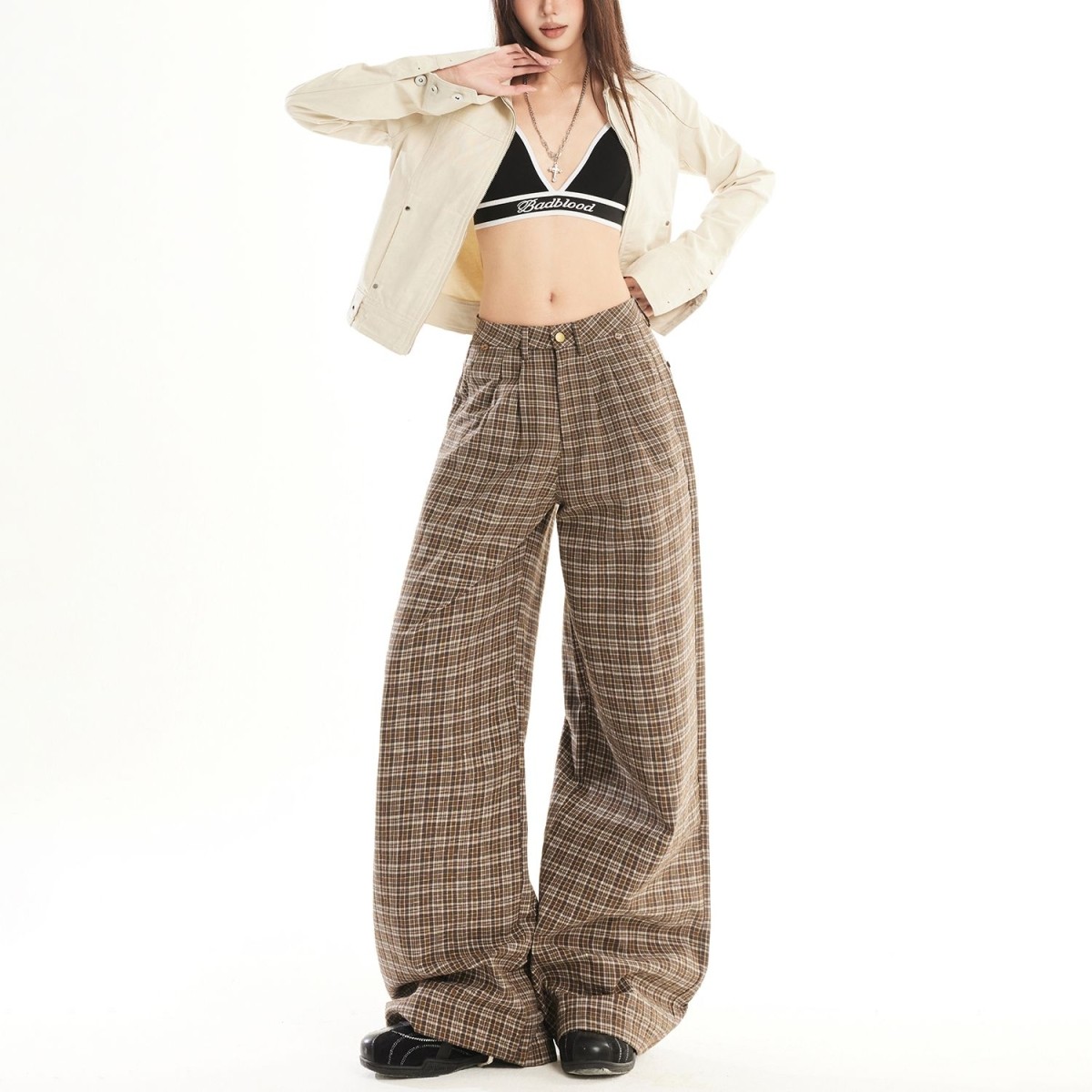 棕色格纹休闲阔腿裤女春秋新款复古英伦风垂感宽松显瘦拖地裤男潮,女装/女士精品,休闲裤,淘宝优惠券,粉丝福利购,淘宝优惠卷