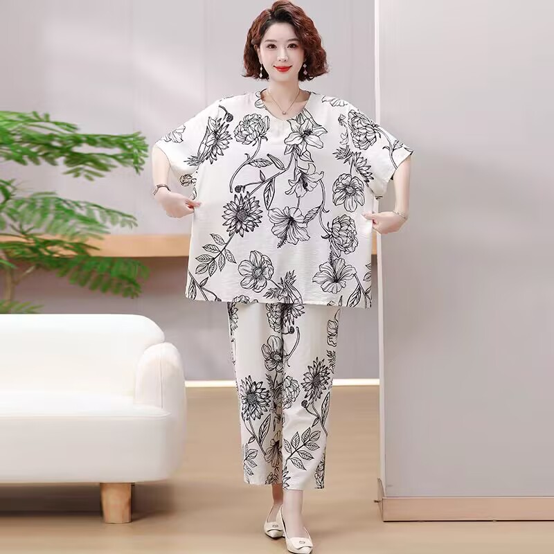 胖妈妈夏装纯棉绸短袖T恤中老年人套装女加肥特大码奶奶老人衣服