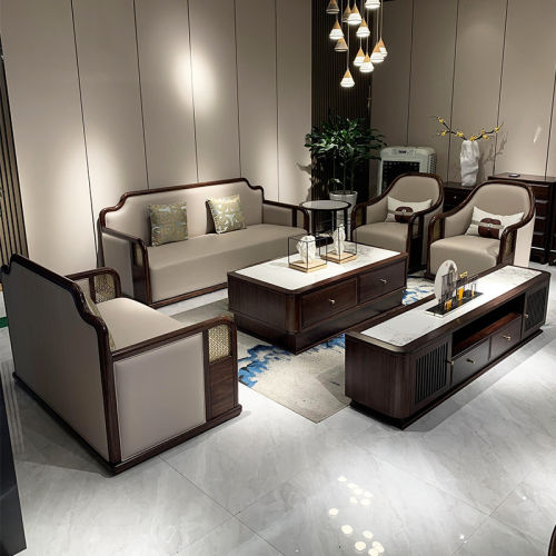新中式乌金木真皮实木沙发组合