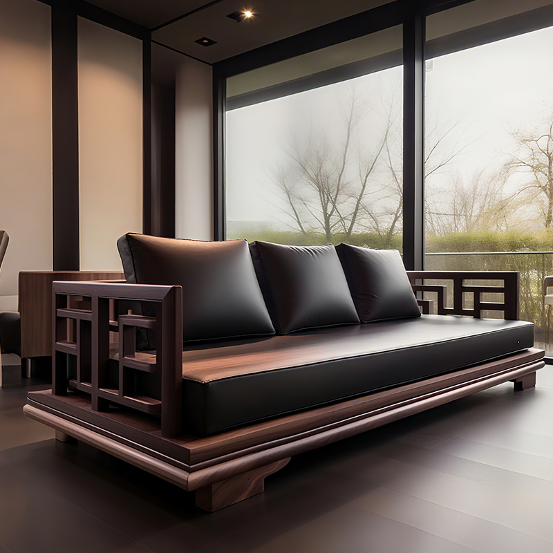 中古风黑胡桃木实木沙发