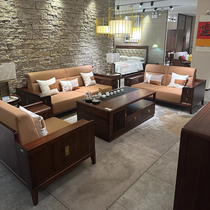 新中式乌金木实木沙发123组合大户型2025新款别墅客厅真皮沙发