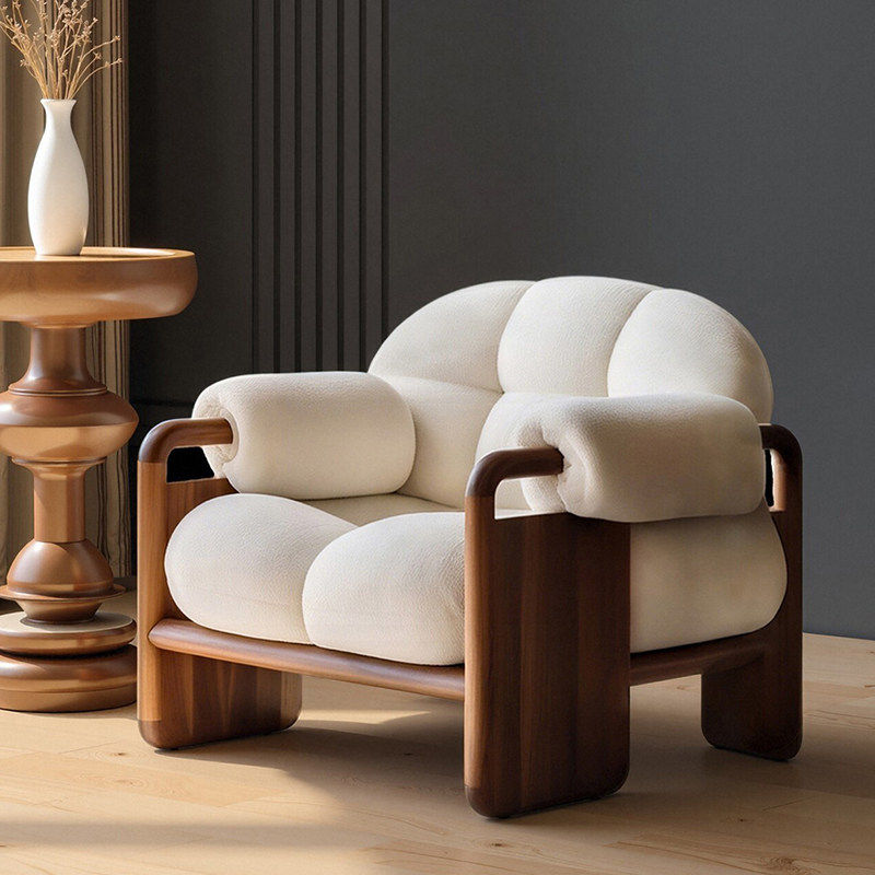 中古风单人实木沙发椅高端黑胡桃木布艺休闲椅民宿客厅会所接待椅