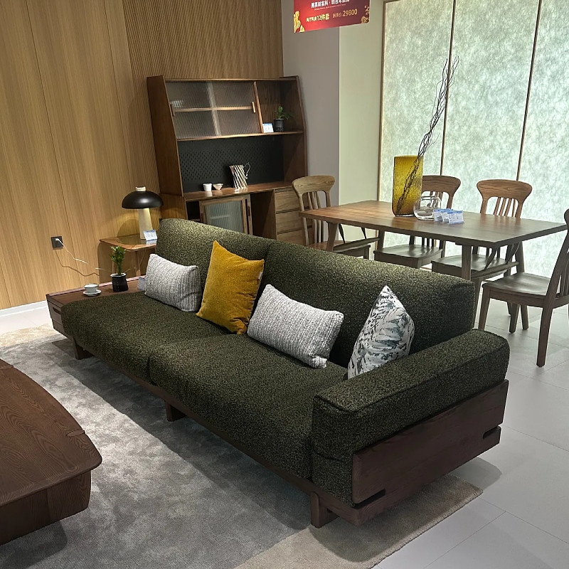 新中式实木布艺直排沙发