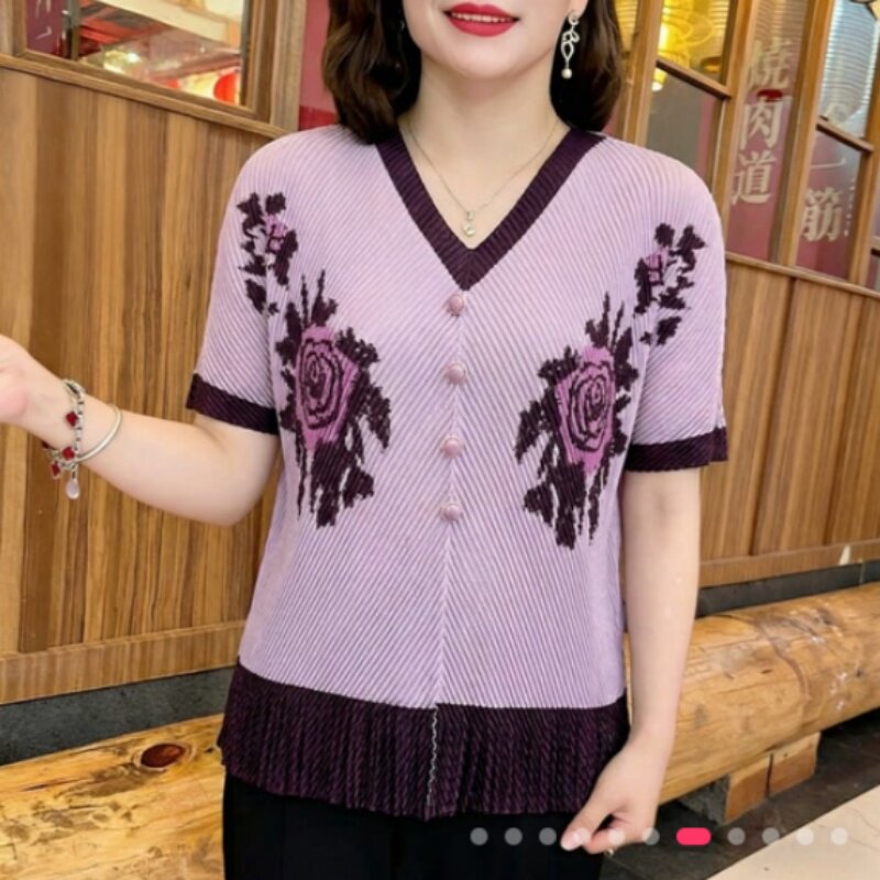 2026夏季新款提花玫瑰妈妈针织衫女中老年新中式复古V领短袖毛衣