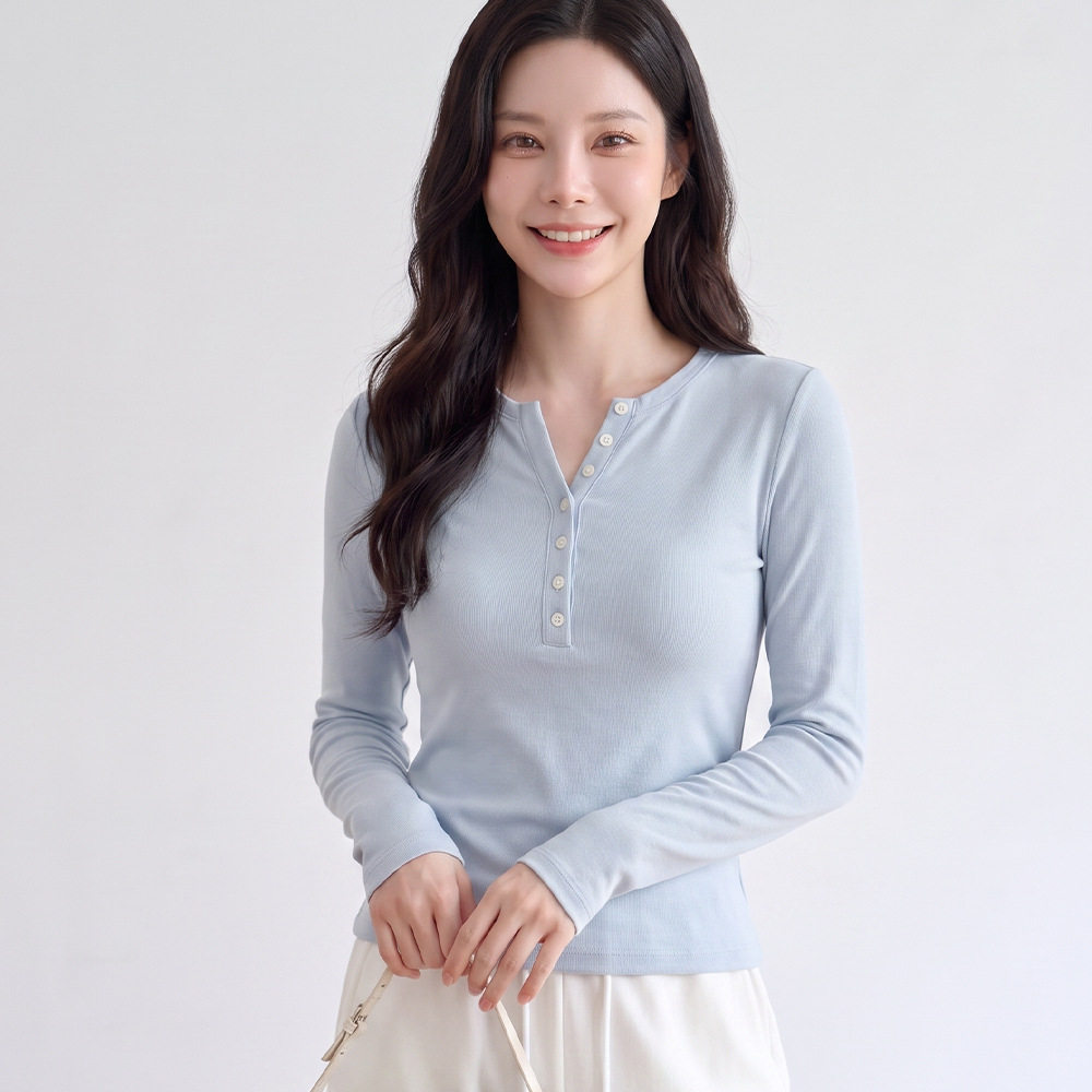 V领排扣长袖T恤女天丝羊毛