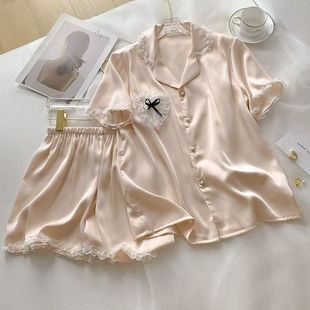 凉爽冰丝睡衣女夏天薄款 短袖 ins风高颜值爱心蕾丝少女家居服套装