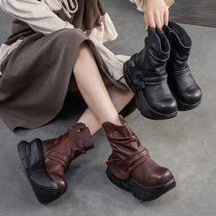 头层牛皮松糕厚底短靴子复古真皮女鞋2025秋冬新款欧美高跟马丁靴
