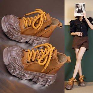 头层牛皮松糕厚底短靴子真皮女鞋2025秋冬新款休闲单鞋复古马丁靴