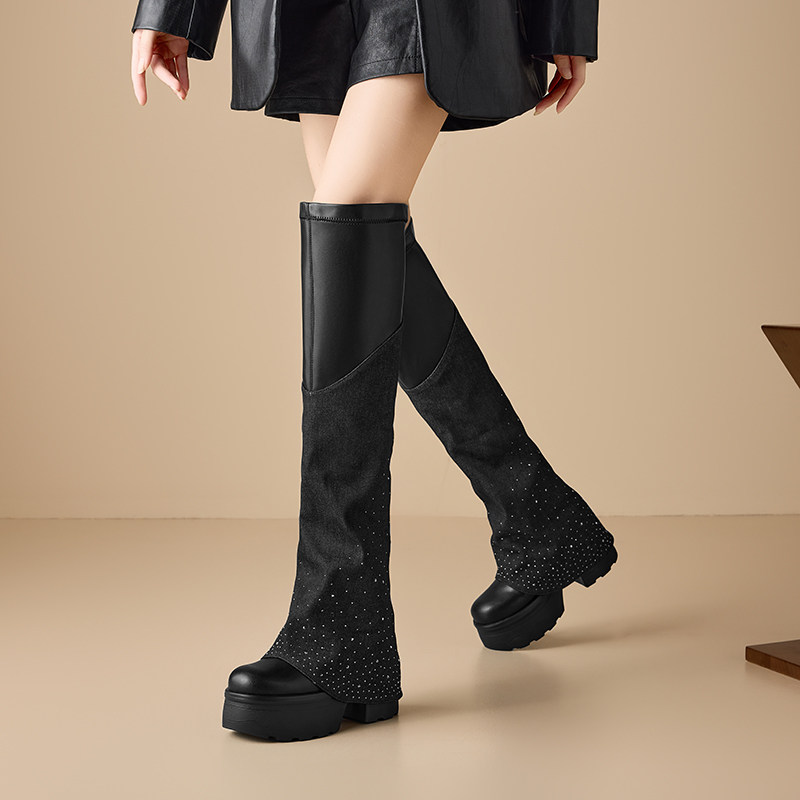 12CM粗跟过膝长靴内增高女鞋高跟高筒袜靴马丁靴时尚显瘦弹力靴,女鞋,马丁靴,淘宝优惠券,粉丝福利购,淘宝优惠卷