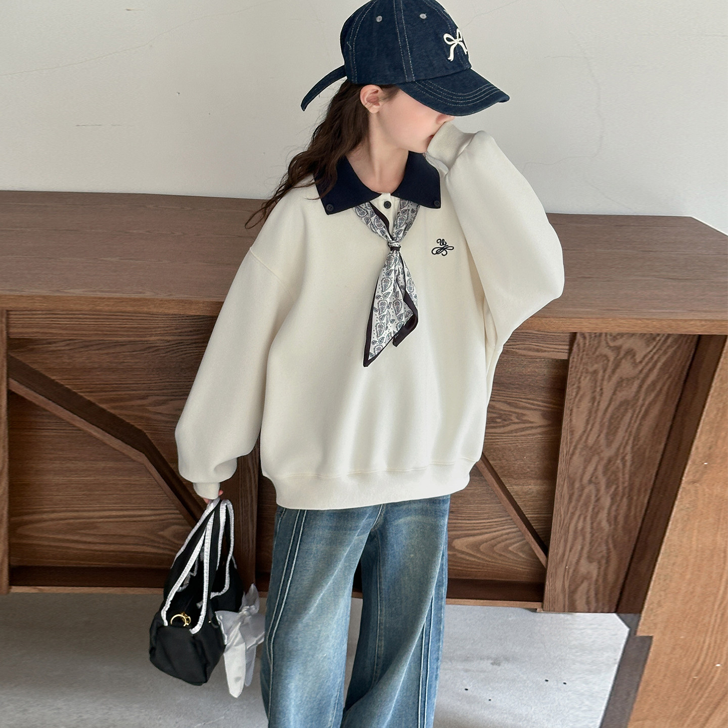 女童秋装polo衫卫衣套装2025新款洋气女大童春秋牛仔阔腿裤两件套