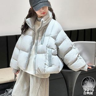 女童冬装白鸭绒外套2025新款儿童洋气大童毛线拼接保暖防风羽绒服