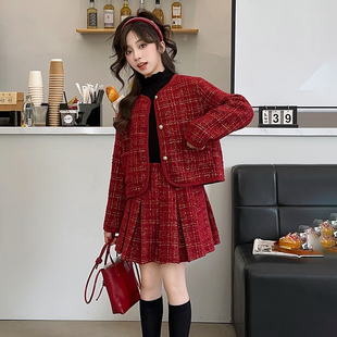 女童小香风套装秋冬款2025新款儿童红色连衣裙新年衣服过年服裙子