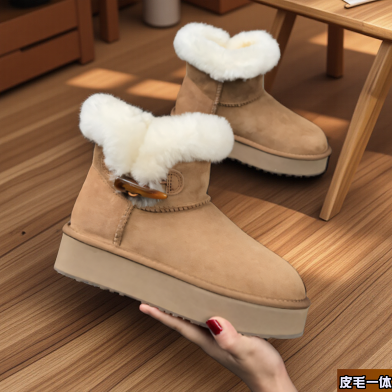 【牛角扣1粒扣-厚底】真皮羊皮毛一体雪地靴女款厚底冬季加绒加厚