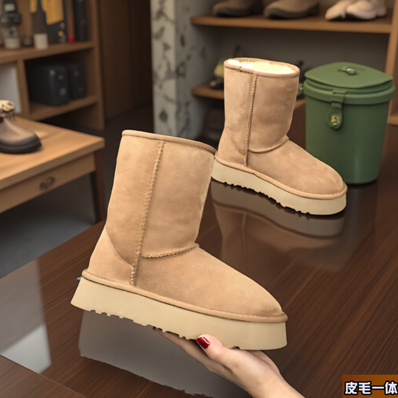 【中高筒-厚底】真皮羊皮毛一体雪地靴女款厚底冬季加绒加厚