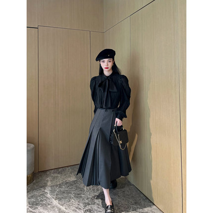 NancyCavally专柜款甄选斜纹美利奴羊毛混纺 灵动压褶连腰半身裙