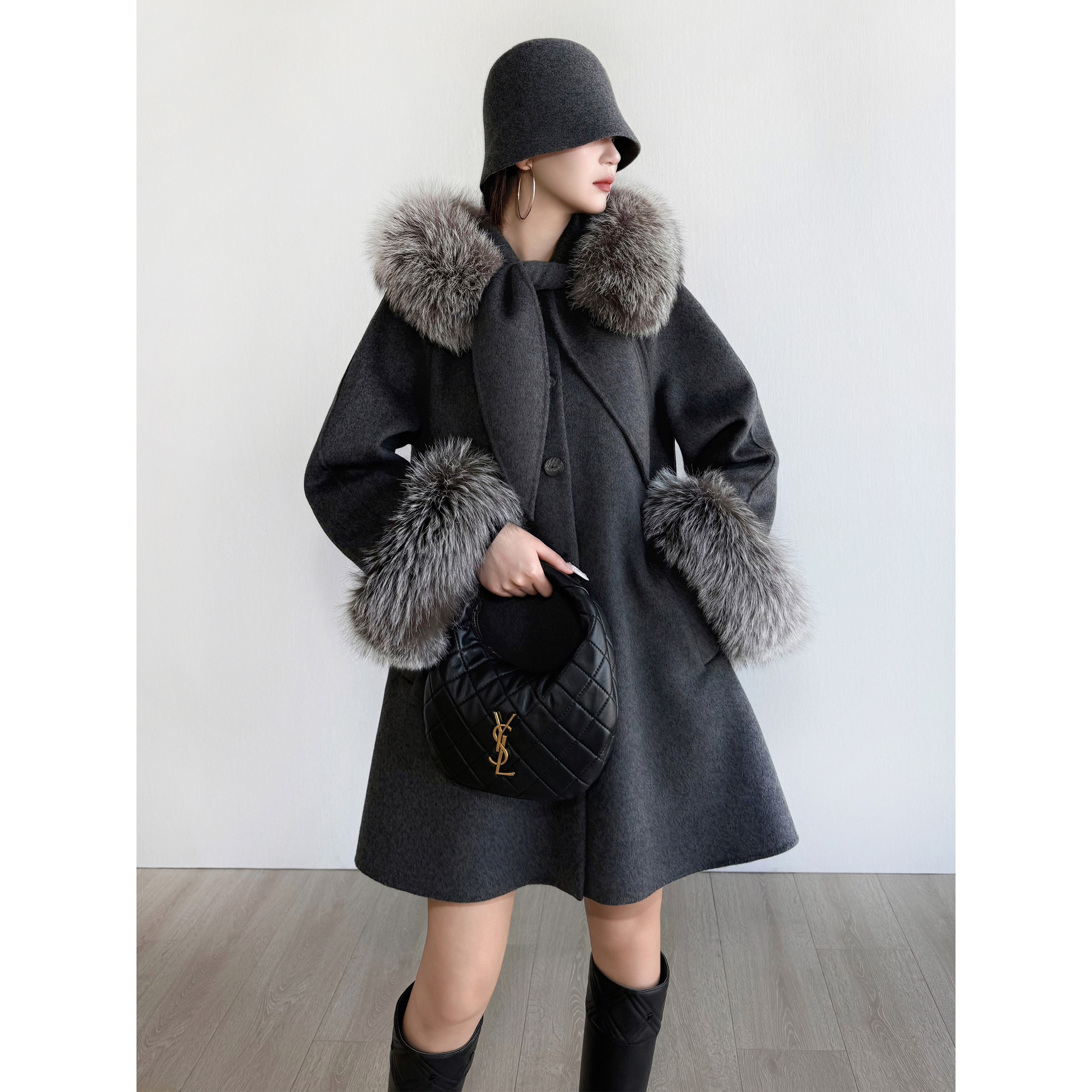 NancyCavally专柜款细腻臻稀羊绒羊毛 狐狸毛领千金感双面呢外套