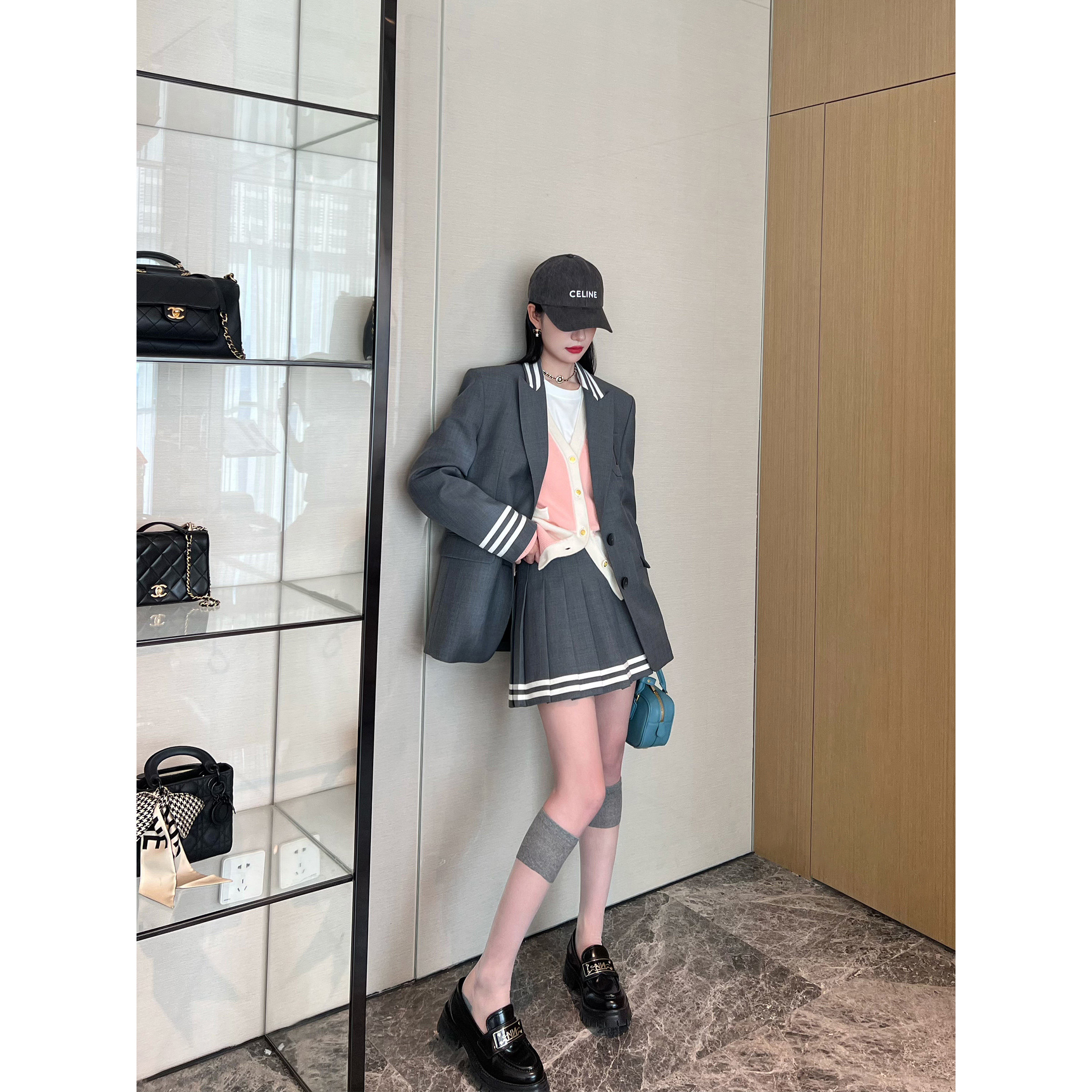 NancyCavally专柜款重磅100支美利奴羊毛 学院风西装/百褶裙套装