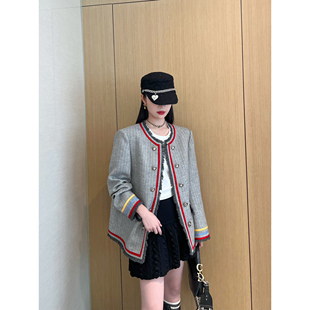 NancyCavally专柜款人字纹羊毛混纺 层次感撞色织带毛边小香外套