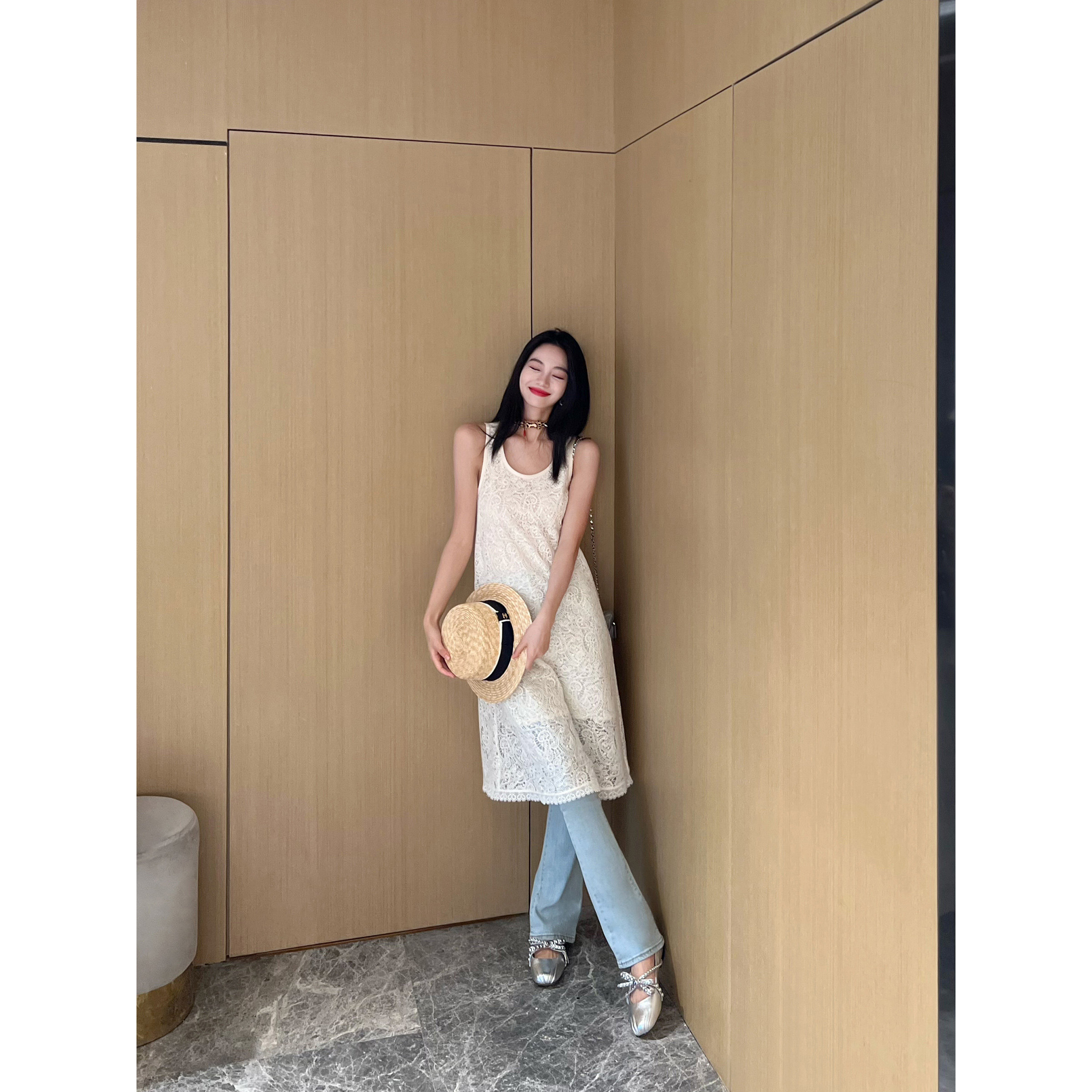 NancyCavally专柜款古巴比伦腰果花浮雕珠片 蕾丝0压感背心连衣裙