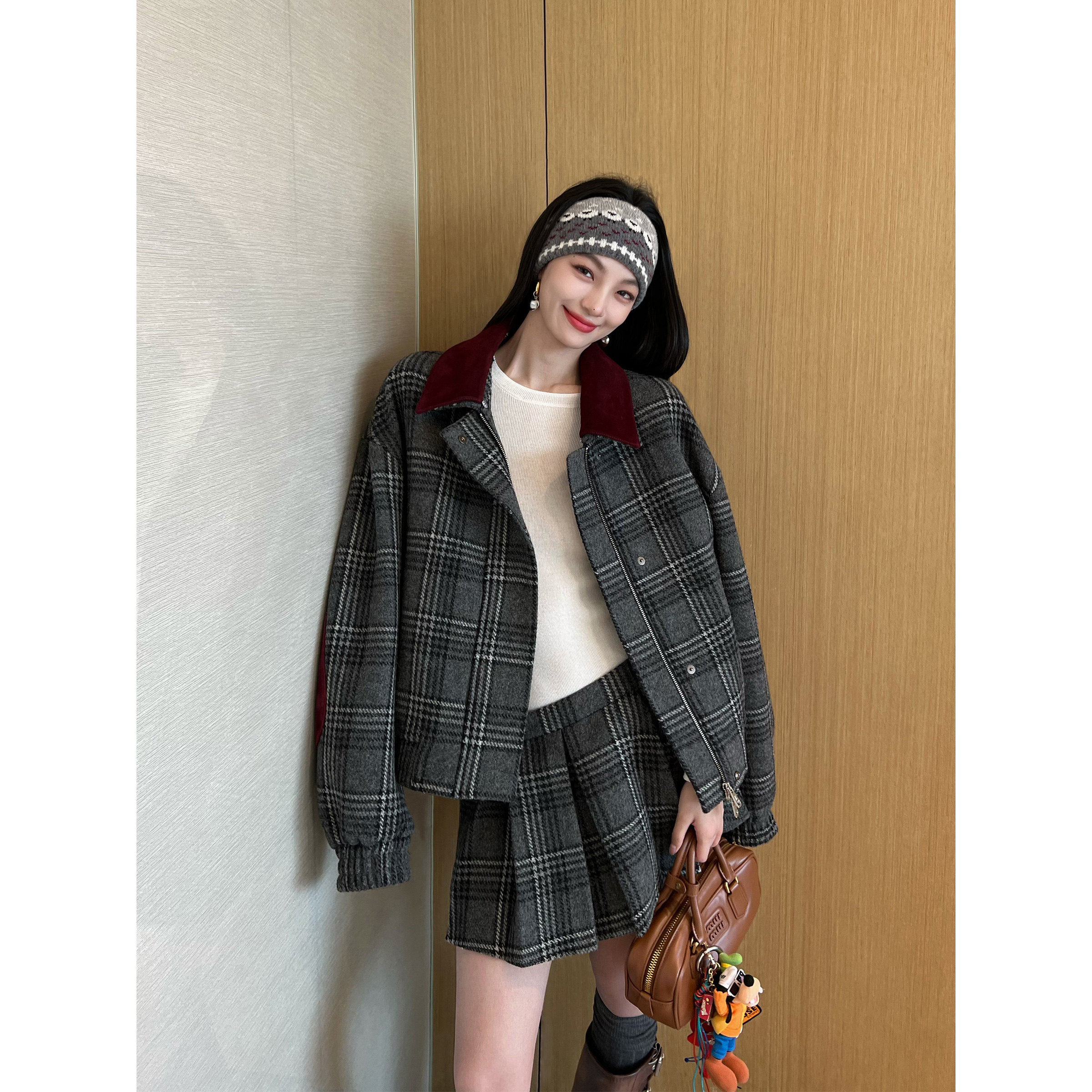 NancyCavally专柜款高品质羊毛粗呢 撞色羊皮领格纹毛呢西装套装