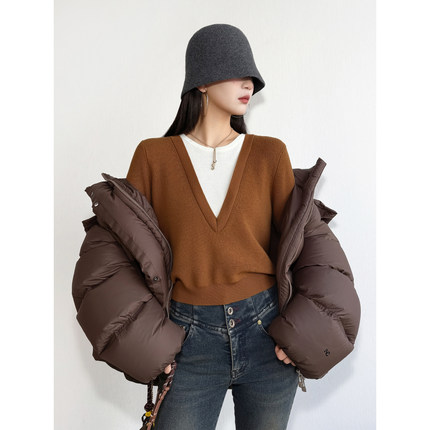 NancyCavally专柜款高端新澳48支100精纺羊毛 深V假两件针织毛衣