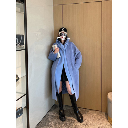 NancyCavally秘鲁进口苏力羊驼毛 拼接羊毛双面呢长款泰迪大衣