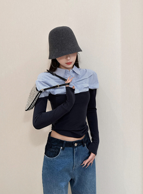 NancyCavally专柜款双面拉架罗纹羊毛纱高智感褶皱半衬衫式针织衫