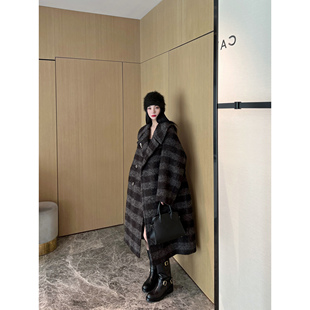 圈圈纱翻领廓形格纹呢大衣 花式 NancyCavally奢选羊驼 羊毛混纺